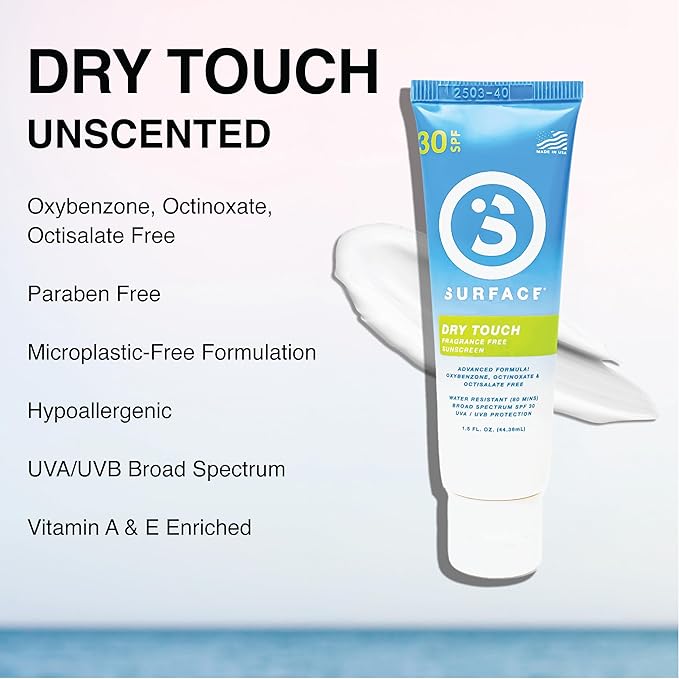 Surface Dry Touch Sunscreen Lotion SPF 30 - Reef Safe, Fragrance Free, PABA Free, Hawaii 104 Compliant - Lightweight Non-Greasy Travel Size Sunscreen for Face and Body, 1.5 oz
