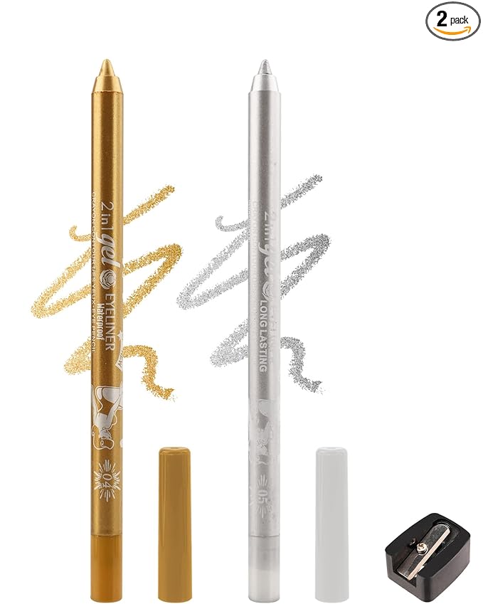 Gold Silver Shimmer Eyeliner Pencil Gel, Waterline Multi-Use Longwear Colored Eye Liner Pen, Waterproof Smudge Resistant, Cream Eye Brightener Pencil Makeup Pen with Sharpener, Delineador De Ojos