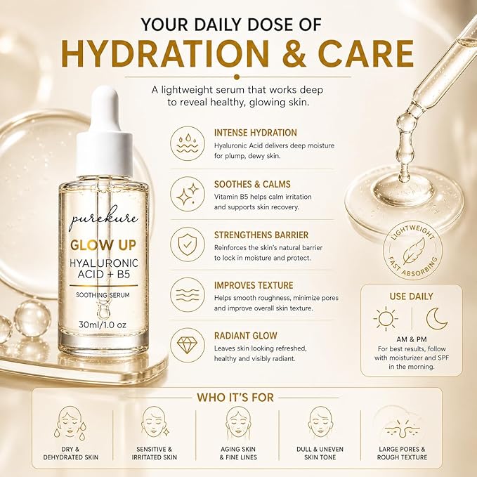 Hyaluronic Acid Serum for Dry & Sensitive Skin – Organic, Deep Hydration + Vitamin B5 for Barrier Repair, Lightweight Face Serum for Fine Lines & Smooth Skin, Non-Greasy, 30 mL