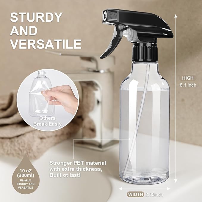 Spray Bottles 2-Pack, 10 Oz, Mist & Stream, Heavy Duty Spraying Empty Water Sprayer Bottle, BPA Free Plastic Refillable Containers for Cleaning Solutions, Plants, Hair, Essential Oils (Clear & Amber)
