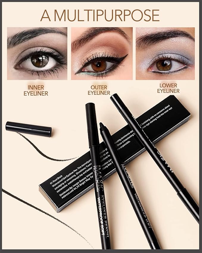 2Pcs Black Waterproof Smudge-proof Gel Eyeliner Pencil with Sharpener, Fade-Proof Eye Liner Pencil Smooth Water Line Pen,Thanksgiving Cat Eye/Smoky Eye Makeup Pen for Girls Mature Older Women