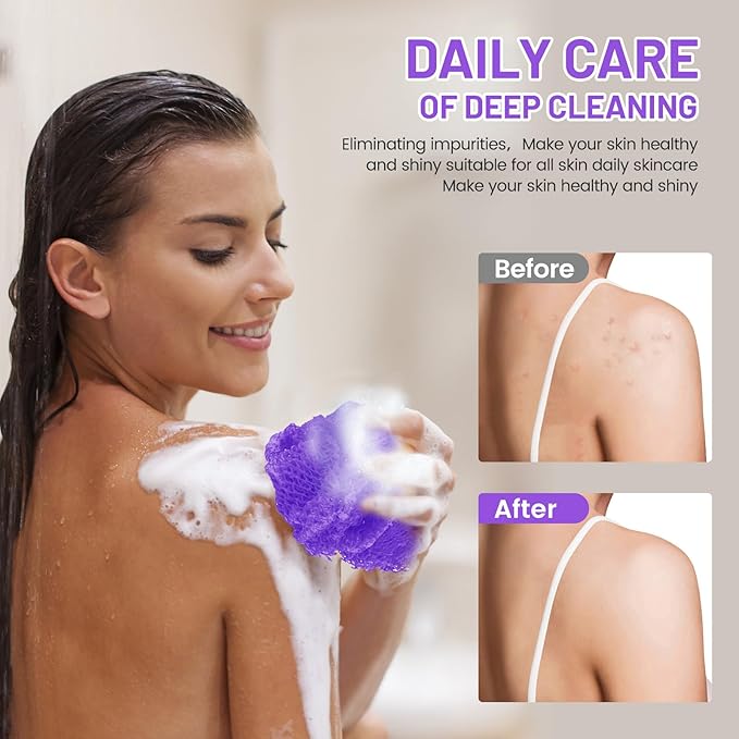 ZOCY African Net Sponge, Authentic Exfoliating Body Scrubber for Bath and Shower, Multiple Textures with Gentle Deep Exfoliating and Rich Lather for All Skins (Purple)