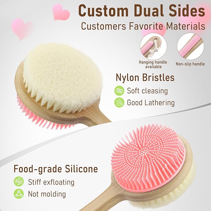 Back Scrubber for Shower + Body Scrubber 2 Pack, Dual Sided Silicone & Nylon Bristles Lather Well Exfoliating Anti-Slip Wood Long Handle Back Scrubber Body Exfoliator for Wet/Dry Bath Brush Pk+Bl