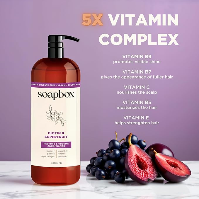 Soapbox Biotin & Super Fruit Conditioner, Leaves Hair Volumized & Strong - Clean Ingredients Free of Harsh Chemicals, Sulfates, Parabens & Silicones - Volumizing Conditioner for Hair, 33.8oz Liter