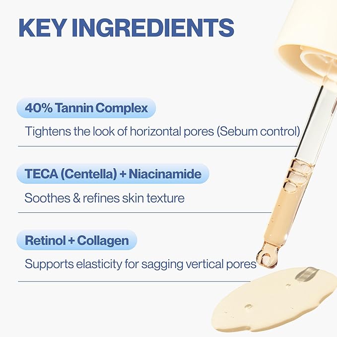Pore Refining Ampoule - Korean Retinol & Niacinamide Serum for Face with Collagen, TECA & 40% Tannin Complex, Pore Minimizer for Face, Korean Skin Care Serum (1.01 fl oz)