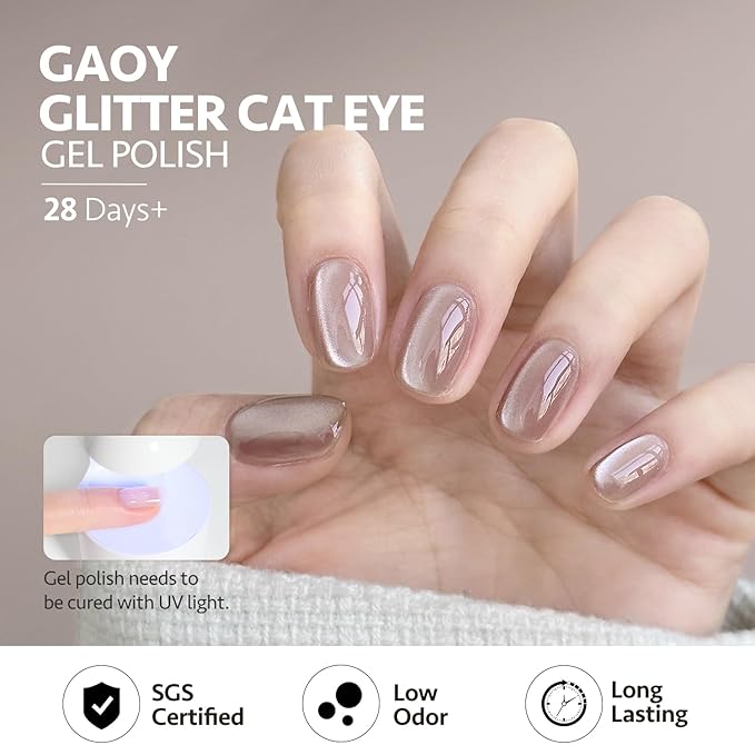 GAOY Glassy Cat Eye Gel Nail Polish, 16ml Glitter Holographic Nail Polish with Magnet, Reflective Translucent UV Gel, 2063 Mist Pink