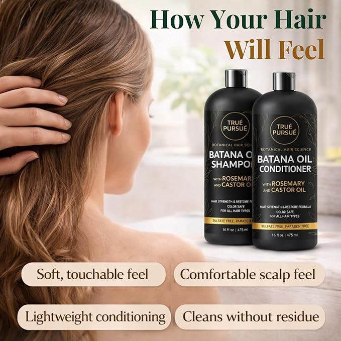 Batana Oil Shampoo and Conditioner Set for Men & Women with Rosemary & Castor Oil – Hair Growth Support & Sulfate-Free Hair Strengthening for Dry Damaged & Thinning Hair – 16 fl oz Each TRUÉ PURSUÉ