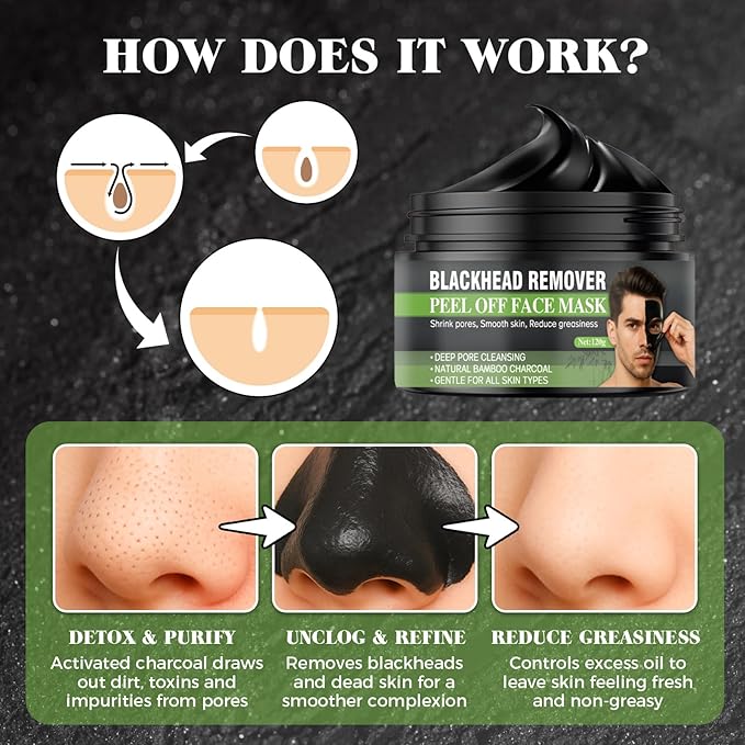 Blackhead Remover Mask, Charcoal Peel Off Face Mask for Men & Women, Deep Pore Cleansing Bamboo Charcoal Mask for Face & Nose, Removes Acne & Blackheads, 4.23 Oz