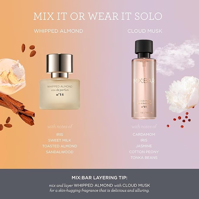 MIX:BAR Cloud Musk Hair + Body Mist Spray for Women + Girls - Musk, Cardamom, Iris, Jasmine, Cotton Peony, Tonka Beans, Choco, Vanilla, Almond Fragrance Notes - Bedroom + Hair + Body Oil Spray - 5oz