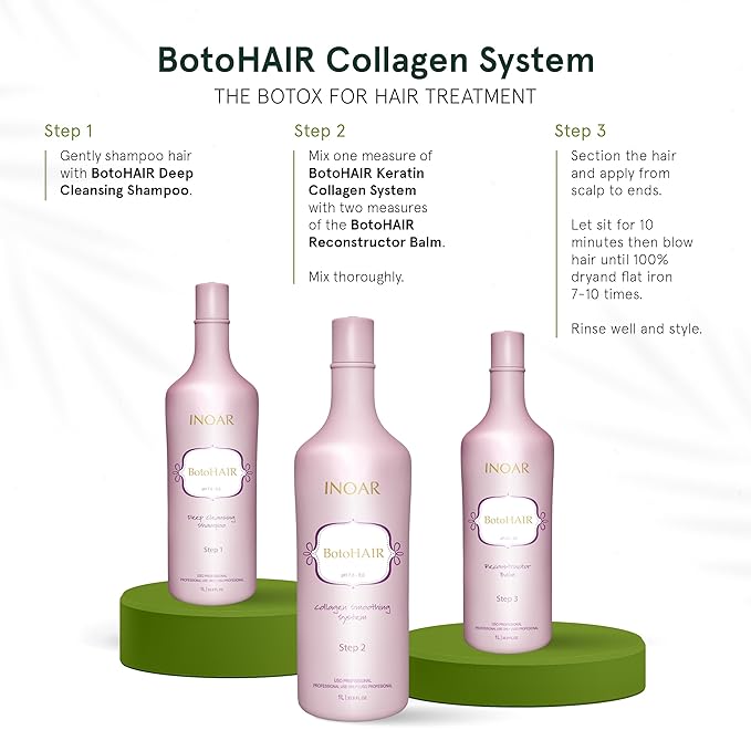 Inoar BotoHair Collagen Smoothing System with Keratin, Deep Cleansing Shampoo, Collagen Smoothing System & Reconstructor Balm, 33.8 fl oz Each