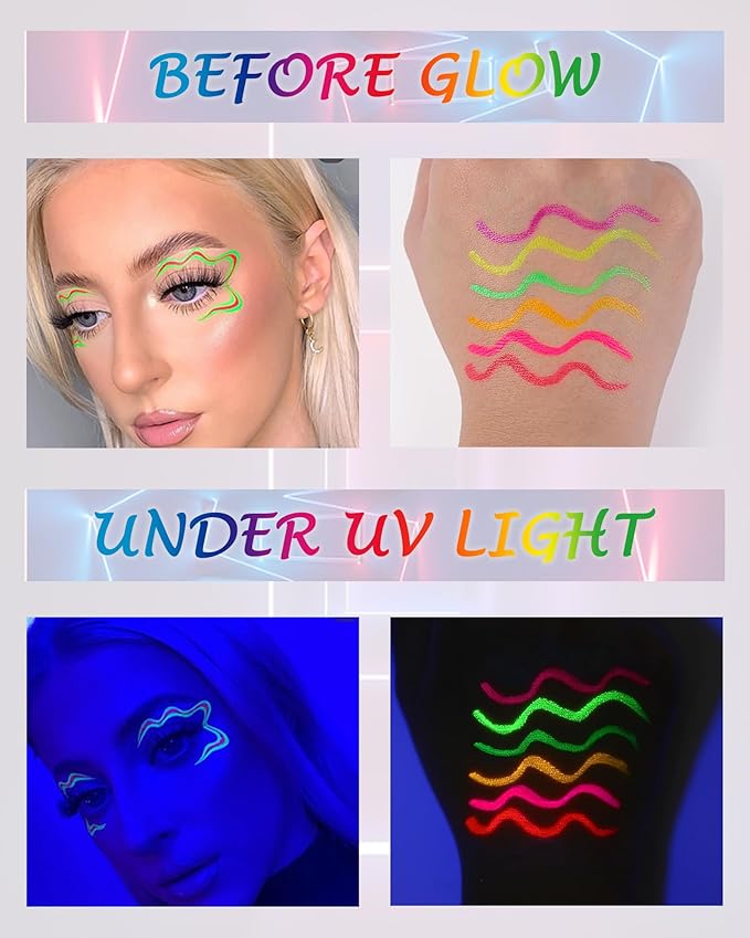 UV Glow Neon Liquid Eyeliner Set-6 Colors Matte Rainbow Eye Liner Pen, Colored Luminous Neon Eyeliner, Waterproof Smudge Proof, High Pigmented Colorful Eyeliner for Women Girl Rave Halloween Makeup