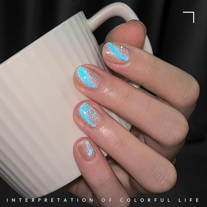 GAOY Cat Eye Gel Nail Polish, 16ml Blue Glitter Nail Polish with Nude Base, Reflective Holographic Translucent UV Gel with Magnet, 2408 Mermaid Tears
