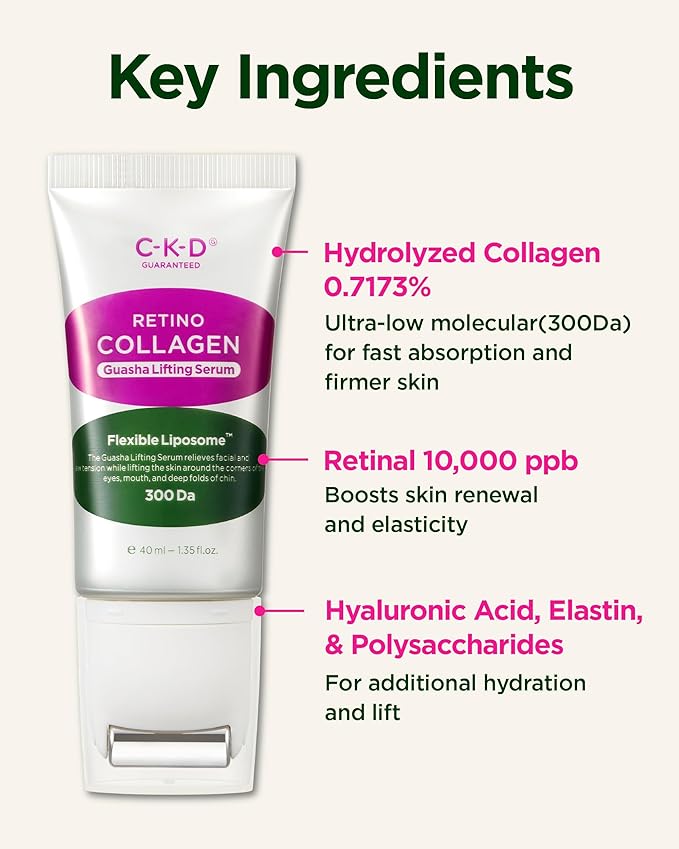 CKD Retino Collagen Guasha Serum with Stainless Steel Roller, Lifting & Firming Face Serum for Wrinkle Care, Collagen Boosting Hydrating Anti-Aging for Radiant Skin, Korean Skincare, 1.35 fl oz