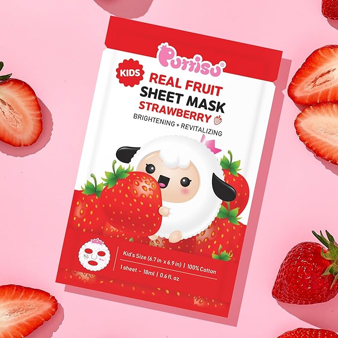 Puttisu Real Fruit Facial Mask Sheet for Kids, Children - Made with 100% Cotton, Moisturize, Sooths and Hydrates Skin (Strawberry- Pack of 14)
