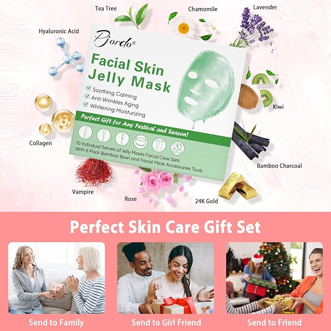 Pjordo Jelly Masks Set for Facials Professional Spa,10 Pack Jelly Mask Powder with Mixing Bowl Set, Peel Off Hydrojelly Mask for Hydrating, Nourishing & Soothing, Gifts for Women