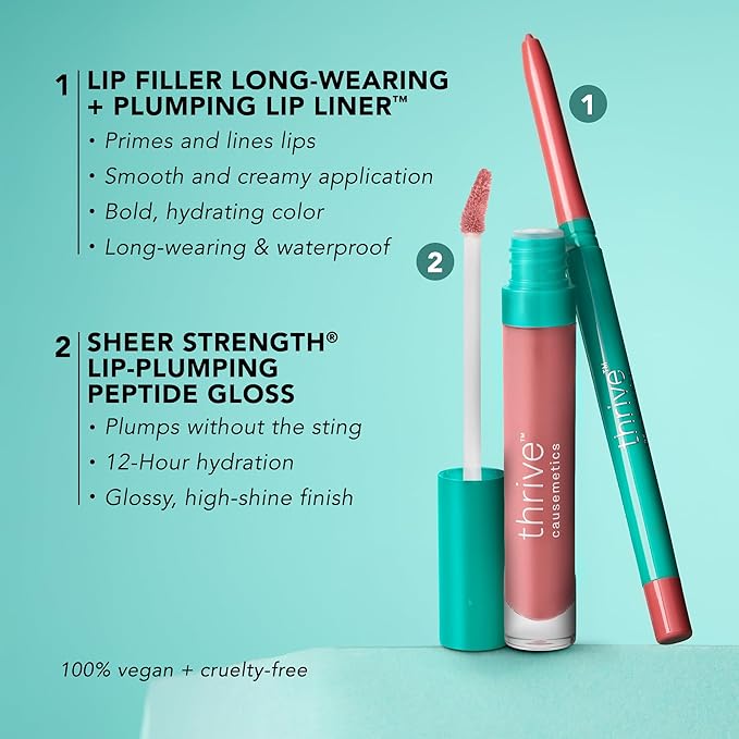 Thrive Causemetics Perfect Pink Pout Lip Gloss & Liner, Mother's Day Makeup Gift Set, Sheer Strength Lip-Plumping Peptide Gloss & Long-Wearing Plumping Lip Liner, Vegan & Cruelty Free, Jo (Pink Mauve)
