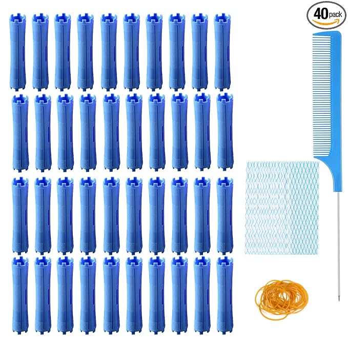 40pcs Perm Rods, Plastic Hair Rollers Heatless Hair Curlers Set with 1pc Rat Tail Comb, 48pcs Rubber Band and Curling Papers for Hairdressing Styling