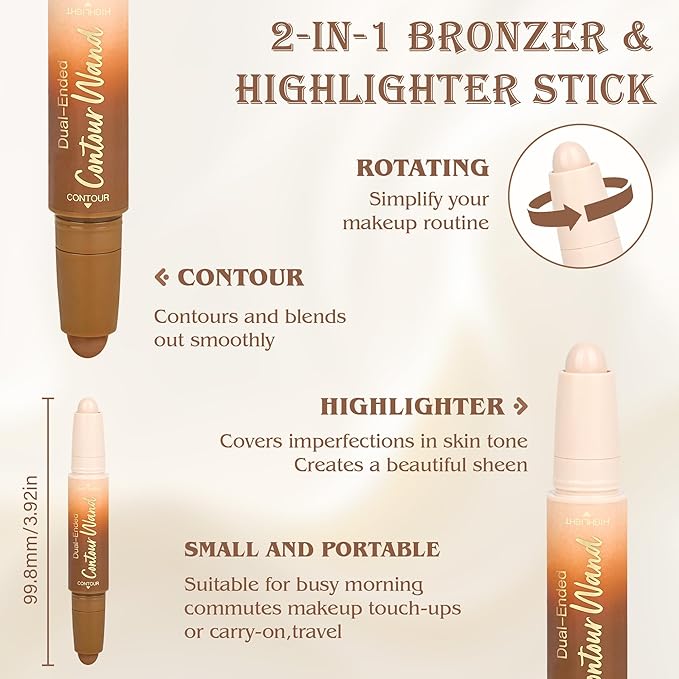 2Pcs Contour Highlighter Stick Set，2-in-1 Dual-Ended Cream Bronzer & Highlighter Sticks Pen for Face Body Contouring Makeup- Buildable，Waterproof, Easy to Apply Suitable for Beginners(01+02)