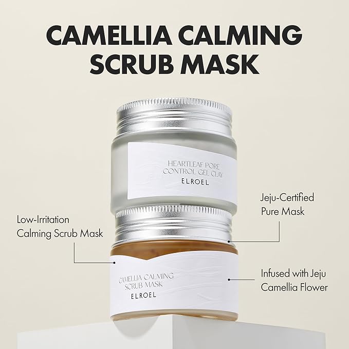 ELROEL Camellia Calming Scrub Mask - Hydrating, Calming and Exfoliating Facial Scrub with Hyaluronic Acid and Jeju Water - Gentle Face Wash Exfoliator for Smoother Skin - Korean Skin Care 1.69 Fl Oz