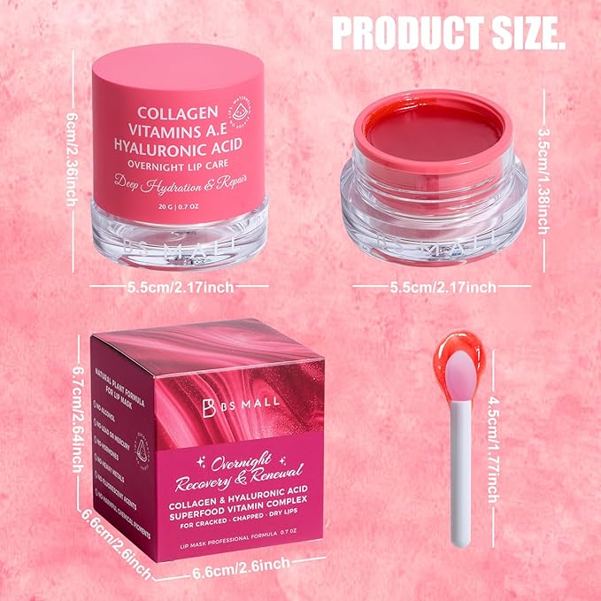 Lip balm butter BS-MALL Watermelon- Luxurious hydrating overnight lip mask Care & chapstick for Dry Chapped Lips, Lip Repair Treatment with Glossy Finish,20g