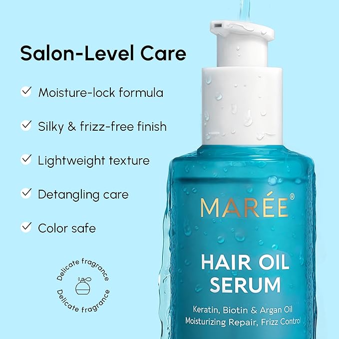 MAREE Hair Oil for Frizzy Hair with Argan Oil, Keratin & Biotin 3 PACK – Hair Serum for Dry and Curly Hair Gloss – Frizz Control Hair Care Products for Women – Aceite Para el Cabello