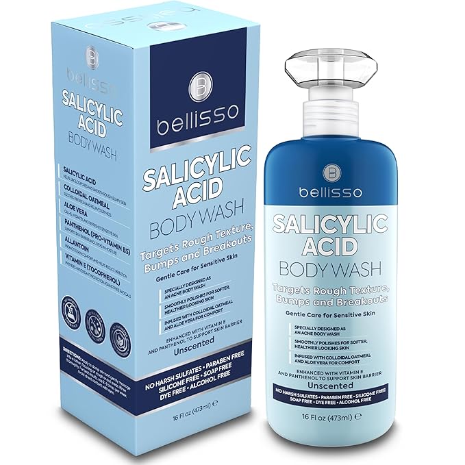 BELLISSO Salicylic Acid Body Wash - Men's and Women's Exfoliating Liquid Soap for Back Acne and KP - For Oily and Sensitive Skin - Sulfate Free Formula - 16 Fl Oz