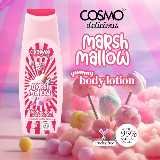 Cosmo Delicious Sweet Marsh Mallow With Shea Butter Pure Hydration Body Lotion 400ml, Hydrating & Nourishing, Non Greasy, Light Weight, Fast Absorbing Lotions, For All Skin Types, Marshmallow Scent