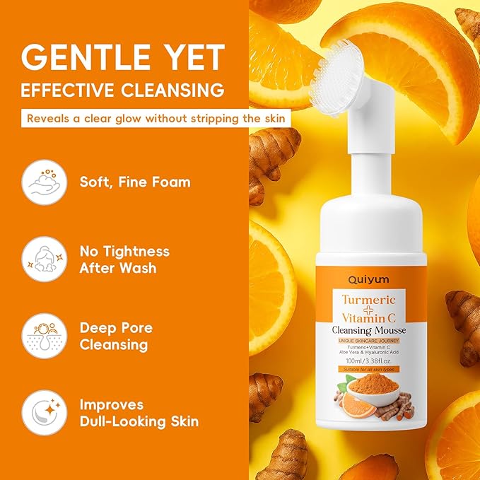QUIYUM Turmeric + Vitamin C Facial Skincare Set - 5-in-1 Cleansing Kit for Oil Skin Types, Hydrating, Even Tone, Include Cleansing Mousse& Pads, 2Pcs Sheet Mask, Peel Off Mask, 6Pcs Sleeping Mask