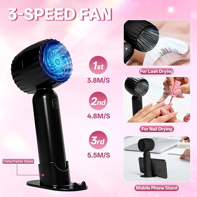 Buqikma Lash Cleaning Kit - Lash Shampoo 60ML with Rechargeable Handheld Fan Dryer, Mascara Brush, Rinse Bottle, Makeup Cleansing Foam for Eyelash Extension Care, Black