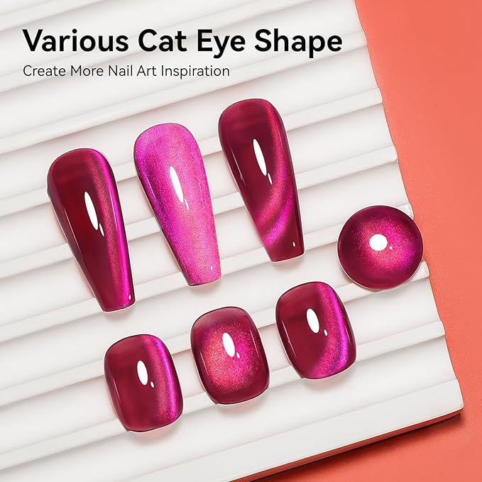 Hot Pink Cat Eye Gel Nail Polish, Magentic Nail Polish With Magnet Red Pink Double Magic Effect, Jelly Color Glitter Shimmer UV Gel for Gift Salon DIY at Home