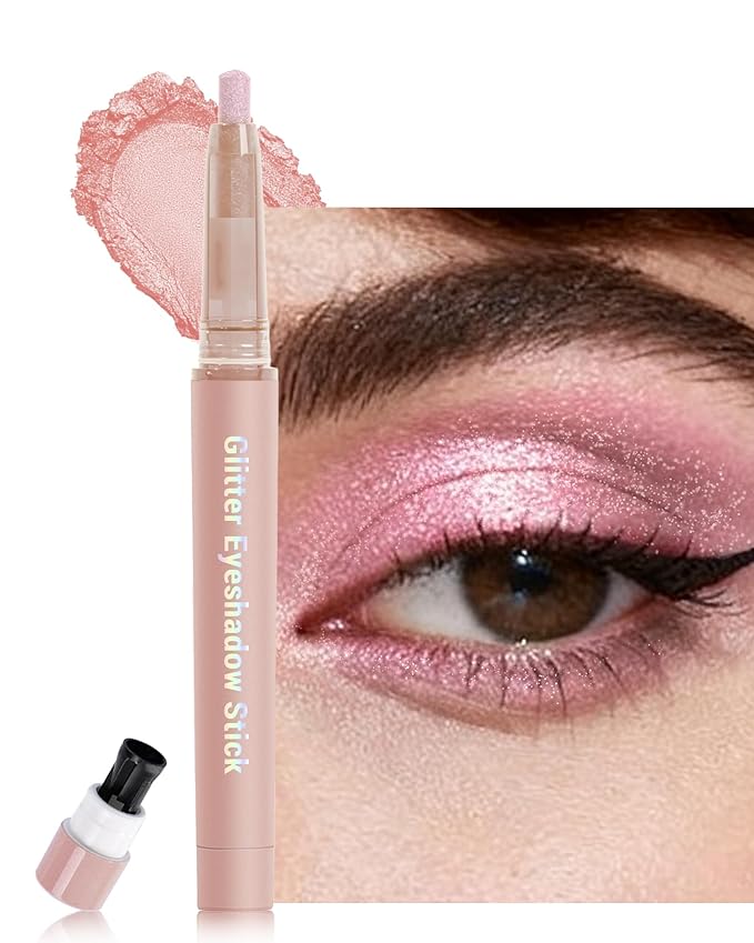 Glitter Eyeshadow & Eyeliner Stick 2 in 1, Metallic Shimmer Eyeshadow Stick, Twist-Up Built in a Sharpener Light Pink Eyeliner Pen, Waterproof Creamy Eye liner Makeup for Women Christmas-11 Light Pink