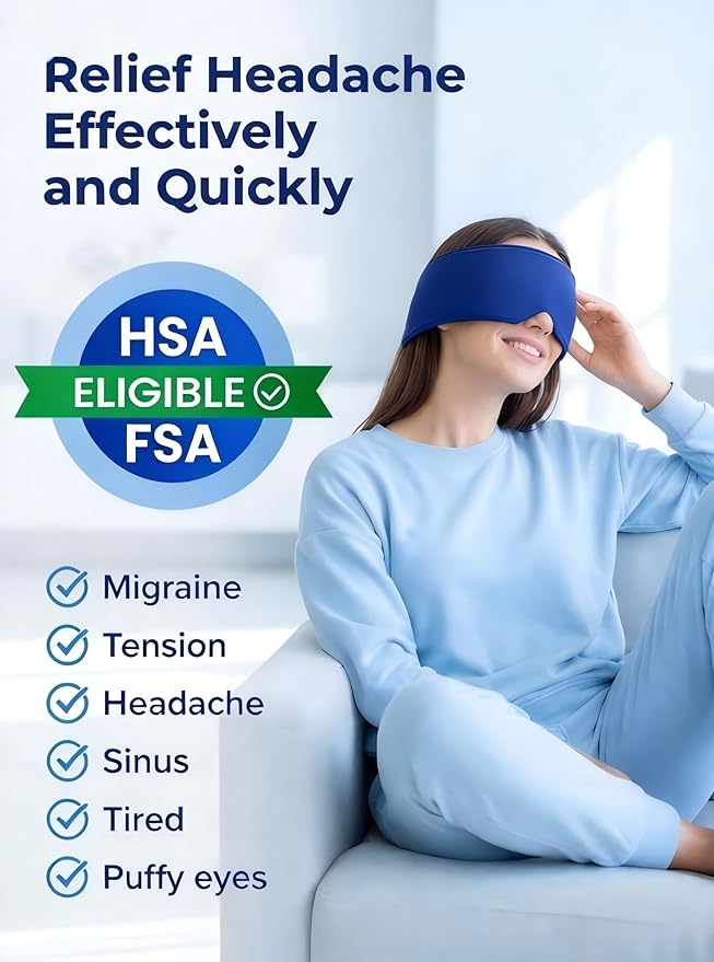 Cooling Gel Eye Mask for Puffy Eyes, Migraine & Headache Relief, Full Eye-Area Cold Compress for Eyes & Temples, FSA Eligible HSA, Reusable Flexible Adjustable Fit for Post Surgery Recovery