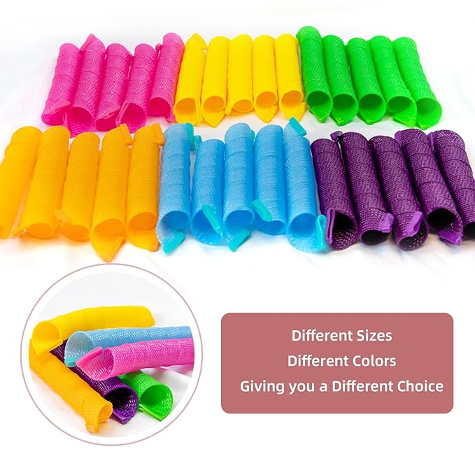 Spiral Hair Curlers (17.8 Inch) - No Heat Hair Rollers - 30 Pieces in Pink, Orange, Blue, Green, Yellow and Purple with 2 Styling Hooks
