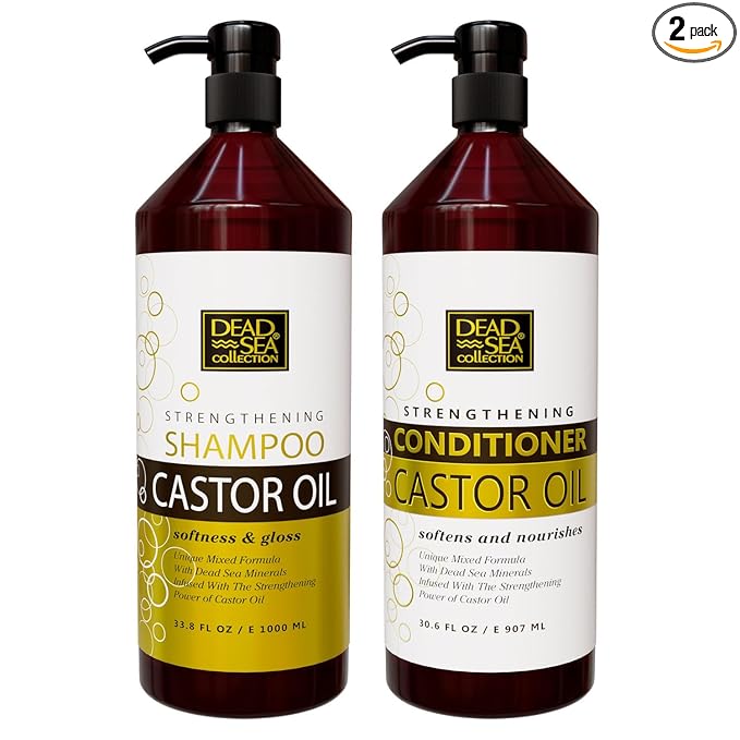 Dead Sea Collection Shampoo and Conditioner Set for Strengthening and Volume - Pure Dead Sea Minerals and Castor Oil – Professional Hair Care - Repair and Shine - Pack of 2 (33.8 & 30.6 Fl. Oz)