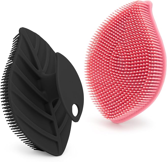 2 Pack Silicone Body Scrubber, Soft Silicone Loofah, Gentle Exfoliating Body Scrubber for Sensitive Skin, Leaf Shaped Shower Scrubbers, Silicone Scrubbers Body Brush for Women Men (Pink & Black)