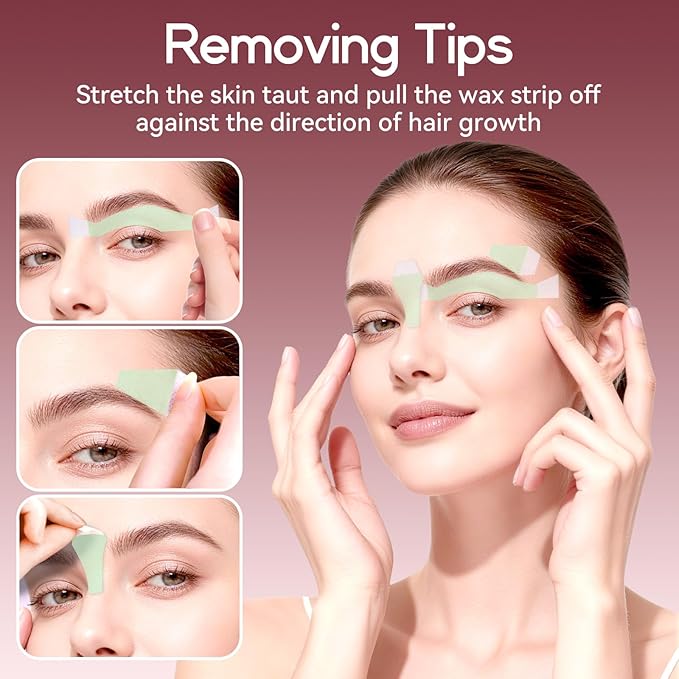 Facial Wax Strips Kit for Women – 80 Strips Hypoallergenic Eyebrow Wax Strips for Hair Removal Home Use + 5 Calming Oil Wipes, Suitable for All Skin Types