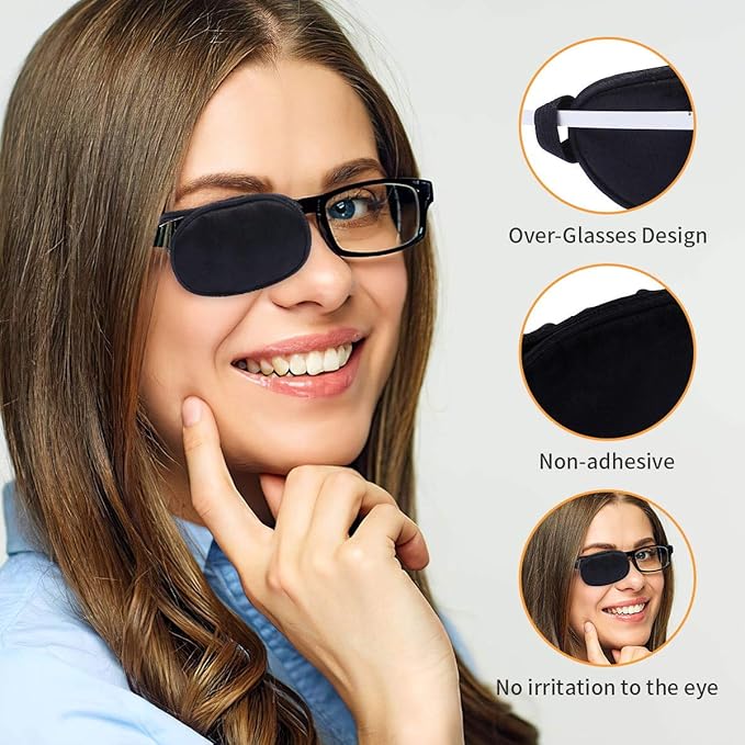 eZAKKA Eye Patches for Adults Kids, Eye Patch for Glasses, Medical Soft Eye Patch for Lazy Eye Amblyopia Strabismus and After Surgery (Black+Black)