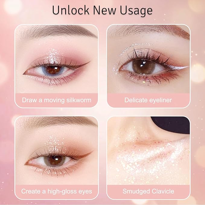 Erinde Liquid Glitter Eyeshadow Eyeliner, Metallic Shimmer Glitter Eyeshadow Liner, High Pigment Colored Eyeliner, Waterproof Long Lasting Sparkle Eye Makeup for Women, Silvery Pink