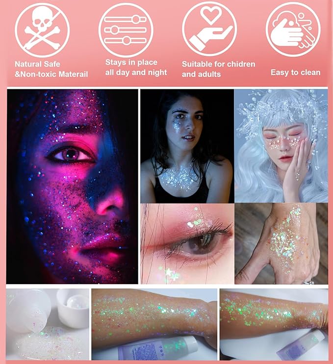 Go Ho Clear White Face Body Glitter - Party Flash Festival Rave Outfits for Women&Kids,Holographic Glitter Rainbow White Face Paint,Halloween Mermaid Fairy Makeup Chunky Sequins Gel,Rave Accessories