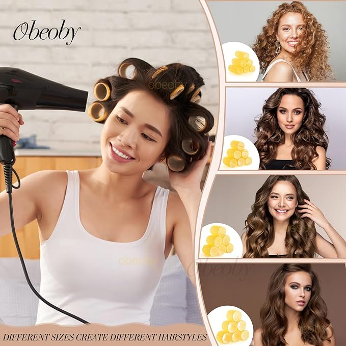 Obeoby 4 Sizes Hair Rollers for Women, 50 Pcs Set Hair Curlers with Clips Comb Curlers for Long Short Curly Hair and Bangs (25, 36, 48, 60mm), Yellow
