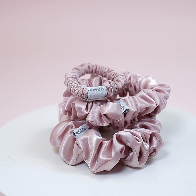MTSNOO Mulberry Silk Scrunchies for Curly Hair - 100% Pure 22 Momme Silk, Elastic Band, 3 Pack Hair Ties Ropes for Women and Girls