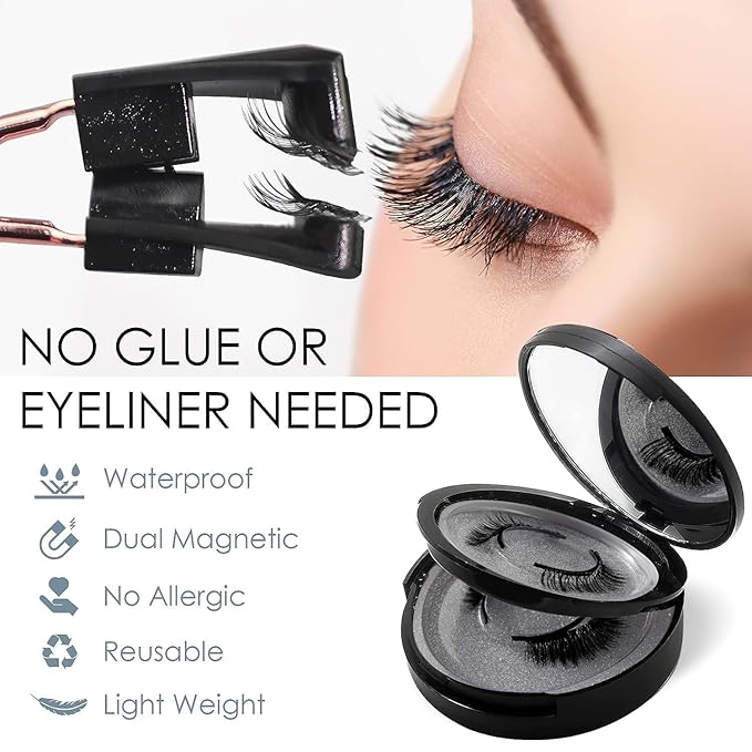 No Glue Magnetic Eyelashes with Applicator, 3D Reusable Magnetic Lashes Natural Look for Office & Daily, Mess-Free Dual Magnetic Eyelash Kit, Lightweight & Windproof