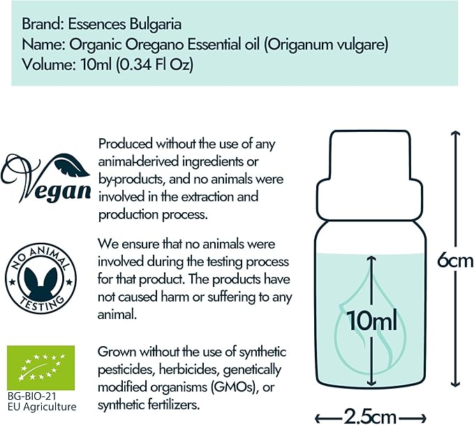 Essences Bulgaria Organic Greek Oregano Essential Oil 1/3 Fl Oz | 10ml | Origanum vulgare SSP. hirtum | 100% Pure and Natural | Undiluted | Therapeutic Grade | Family Owned Farm | Steam-Distilled