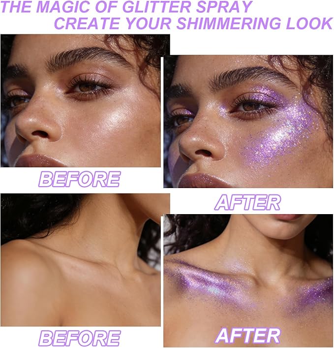 Hair and Body Glitter Spray, Shimmering Powder Sparkle Powder Makeup, Glitter Loose Sparkle Makeup for Body Highlighter,Festival Prom Rave Accessories (Iridescent-Violet)
