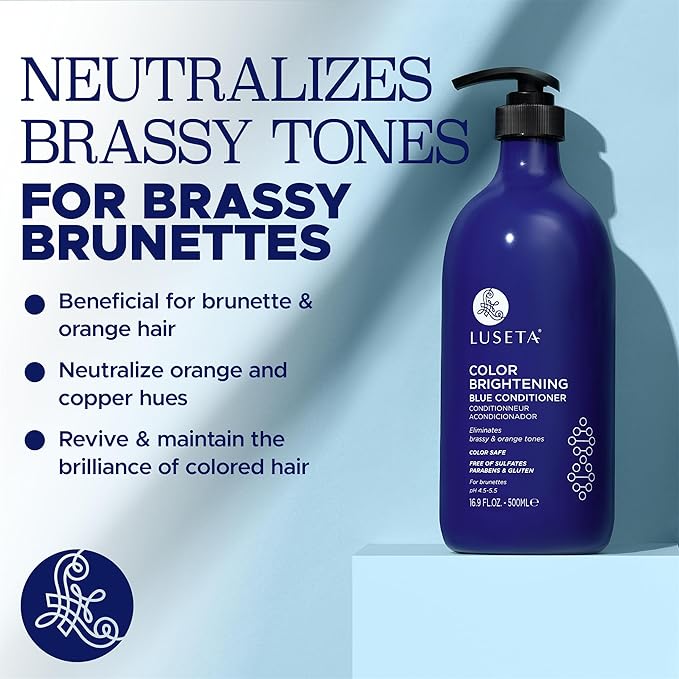 Luseta Blue Conditioner for Brassy and Cool-toned Brunette Color, Color Depositing and Brightening for Treated Hair 16.9oz