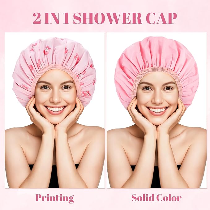 Pengxiaomei Large Double-Sided Shower Cap for Women, 2-in-1 Reusable Waterproof Cherry Print Bath Cap Pink Gifts for Women Girls Long Thick Hair