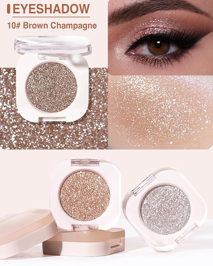 Glitter Eyeshadow Single, Ultra-Fine Sparkling Diamond Shimmer, Luminous Wet Look Effect, Long-Lasting Crease-Proof & Buildable Eye Shadow Topper, Brown Champagne