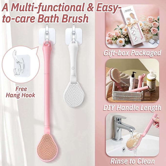 Back Scrubber for Shower & Silicone Bath Glove Set, 19’’ Detachable Long Handle Body Scrubber Wet or Dry Brush, Adjustable 2-in-1 Back & Body Brush with Soft Bristles for Deep Cleaning(White)