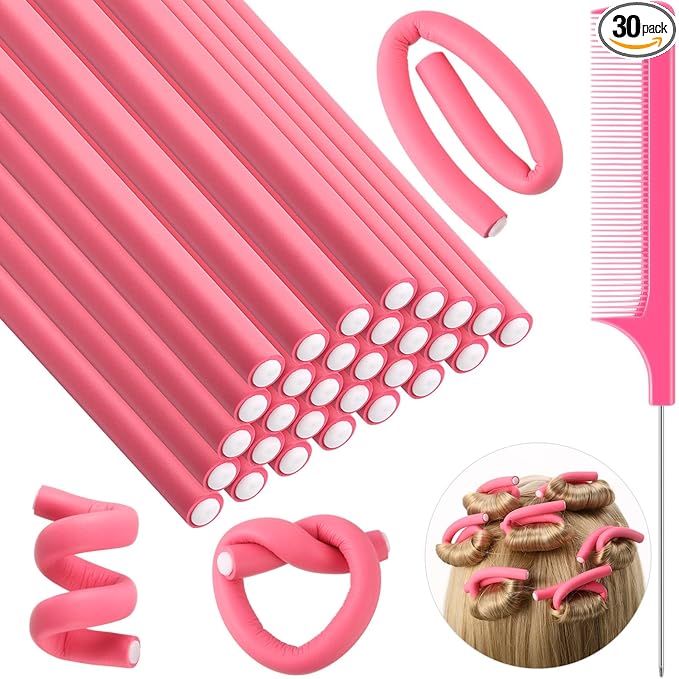 Syhood 30 Pcs 7'' Flexible Curling Rods Twist Foam Hair Rollers Soft Foam No Heat Hair Rods Rollers and 1 Steel Pintail Comb Rat Tail Comb for Women Long Short Hair(Pink,7 x 0.39 Inch)