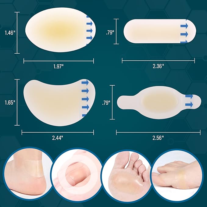 LotFancy Hydrocolloid Bandages, 15 Blister Bandage and 12 Acne Patches, Waterproof Blister Pads for Feet Toes Fingers, Heels Blister Prevention Cushions, 4 Size, Sterile, Travel Essentials